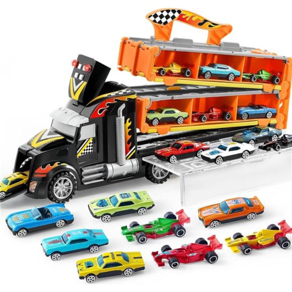 Toy Truck for Kids,5-FT Race Track and 12 Die-Cast Metal Toy Cars, Racing Car